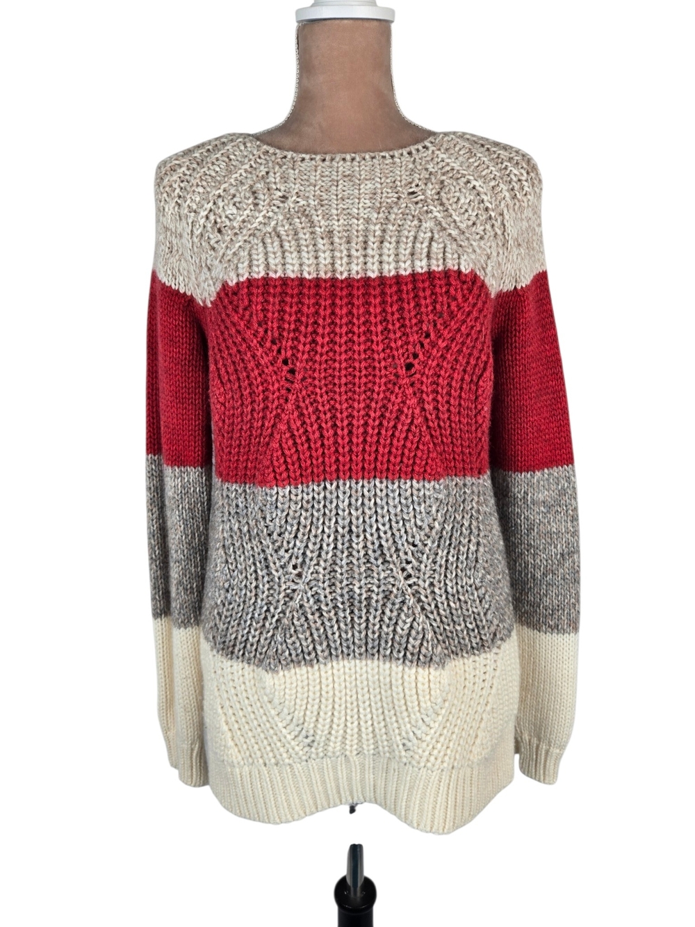 Barbour Padstow Chunky Knit Sweater Wool Alpaca Colorblock Red Gray Cream US 6